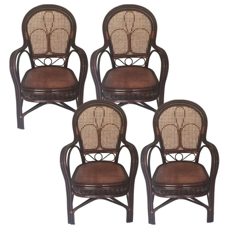 "Traditional 40.55" Height Solid Color Rattan Outdoor Dining Armchair - Brown 4 Piece Set"