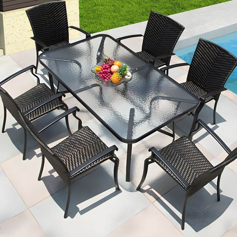 "Contemporary Glass Dining Table Set with Black Woven Chairs for Courtyard - Clear Table & Chair(s) 4 50"L x 31"W x 28"H"