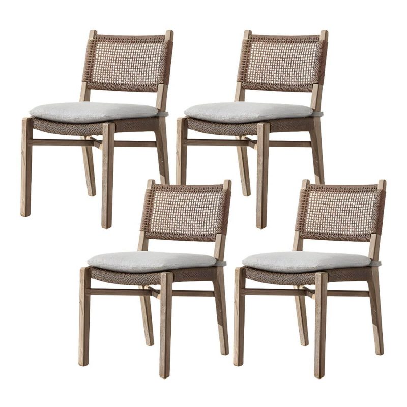 "Traditional Teak Natural Solid Wood Stacking Upholstered Outdoor Bistro Chairs - 4 Piece Set Armless 45 Density Foam"