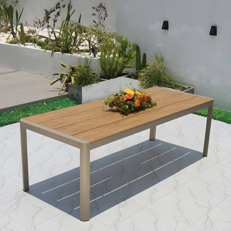 "Brown Wood Modern Patio Dining Table with Aluminum Frame - UV Resistant - Table Only 91"L x 35"W x 30"H"