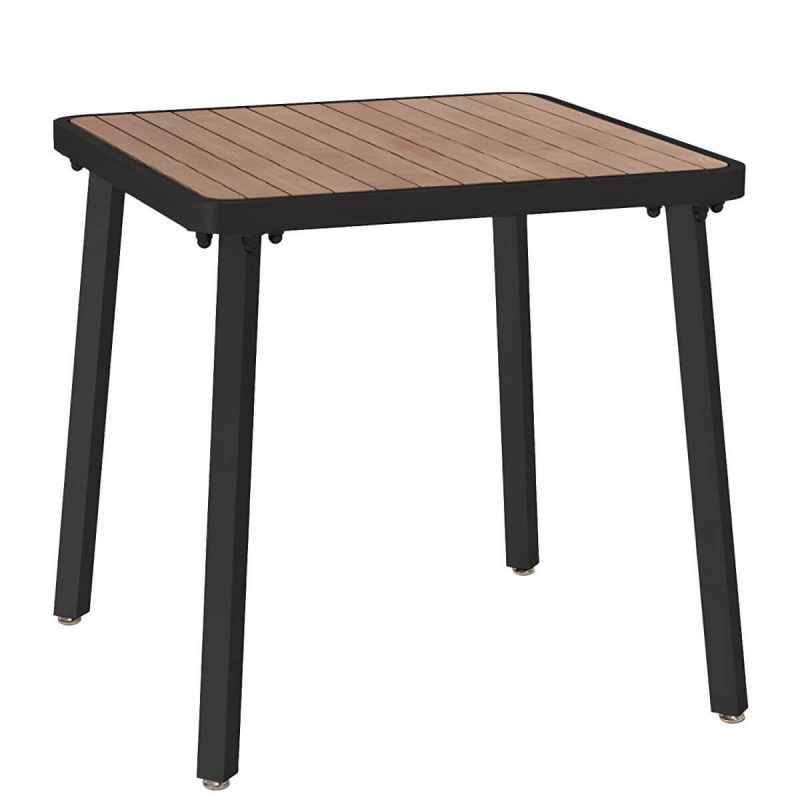 "Industrial Metal Outdoor Dining Table with Wood Top, Perfect for Patios and Outdoor Gatherings - Table Only Black 27.6"L x 27.6"W x 29.5"H"