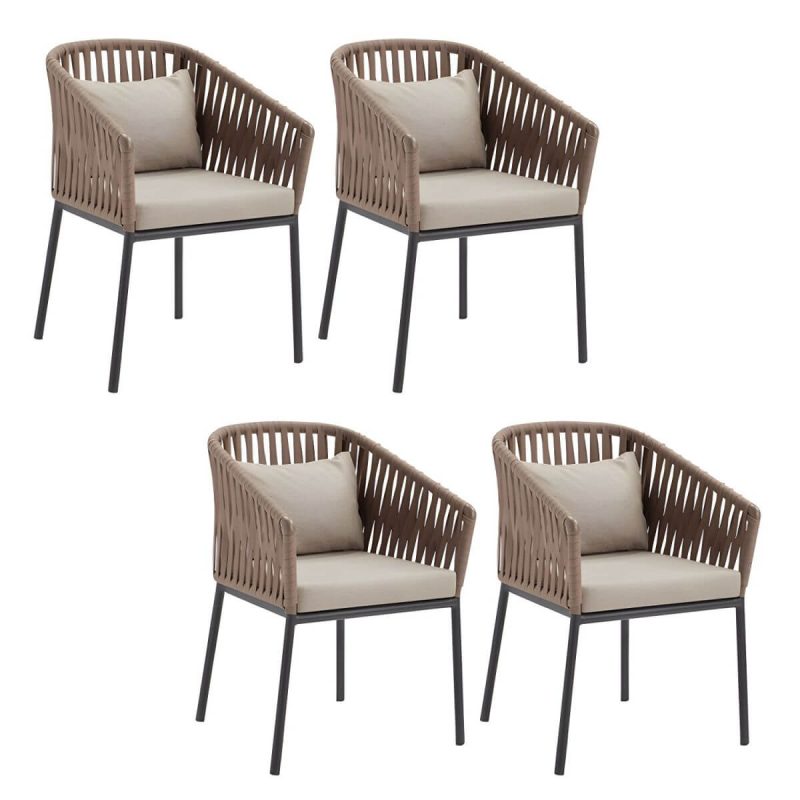 "Modern Metal Arm Chair with Brown Wicker Back and Rust-Resistant Steel Frame for Patio Dining - 4 Piece Set"