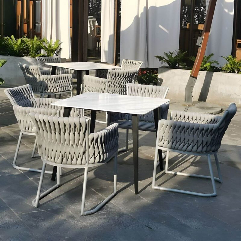 "Stone Patio Dining Table Set Metal Black Legs with Gray Cushion and Woven Chair Back - Table 19.7"L x 19.7"W x 19.7"H"