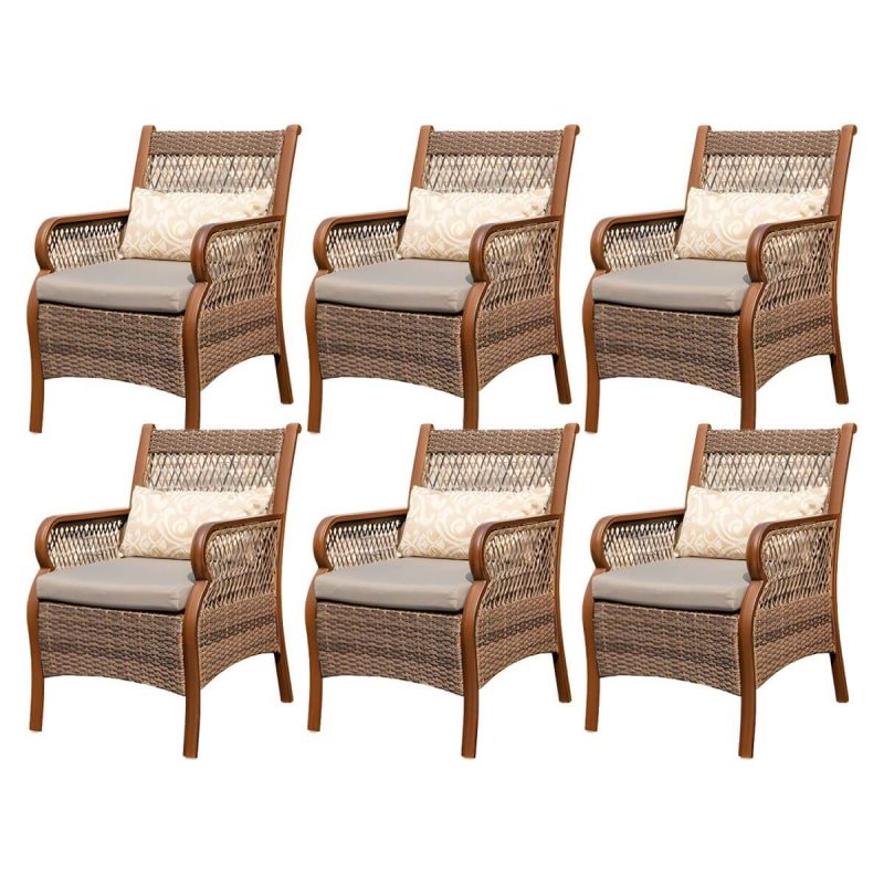 "Traditional Brown Wicker Arm Chair with Metal Legs for Patio Dining - Rust Resistant - 6 Piece Set"