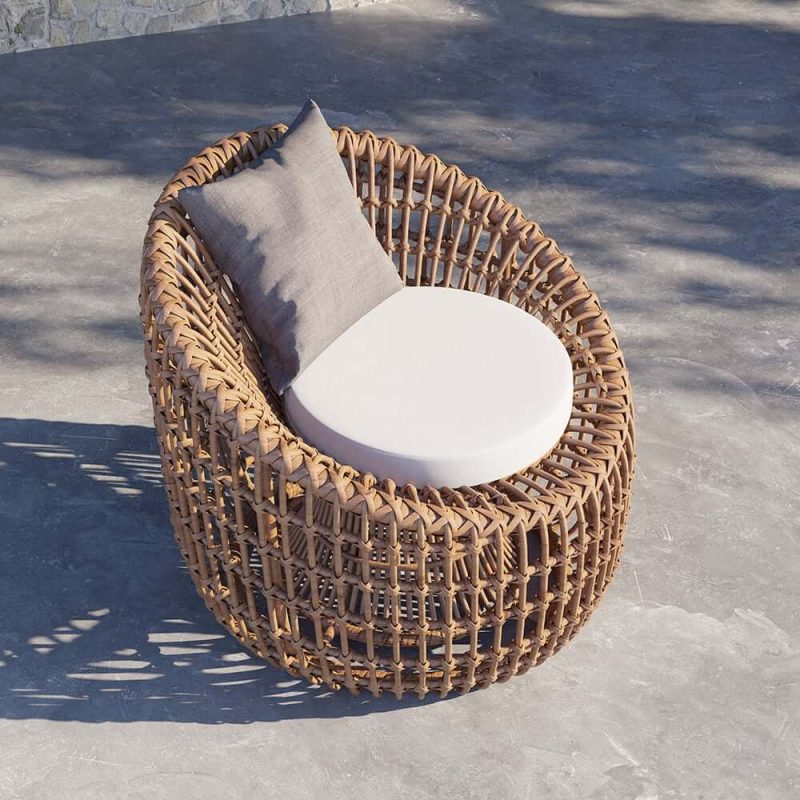 "Austen Rattan Outdoor Barrel Chair Nest Shape Sidechair with Cushion in Brown"