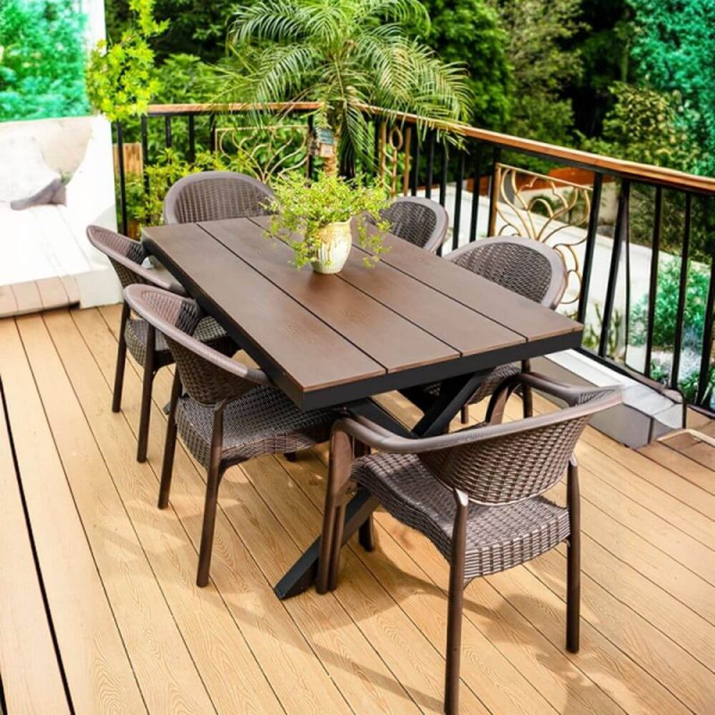 "4 People Patio Dining Set Pileable Uv-proof Chair Rectangle Reclaimed Wood Caramel, Table & 4 Chairs, 59.1"L x 35.4"W x 29.1"H"