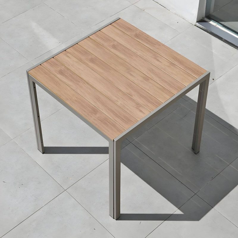 "Modern Wood Patio Dining Table with Aluminum Frame in Gray Color - Table Only 31.5"L x 31.5"W x 29.5"H Natural Finish Square"