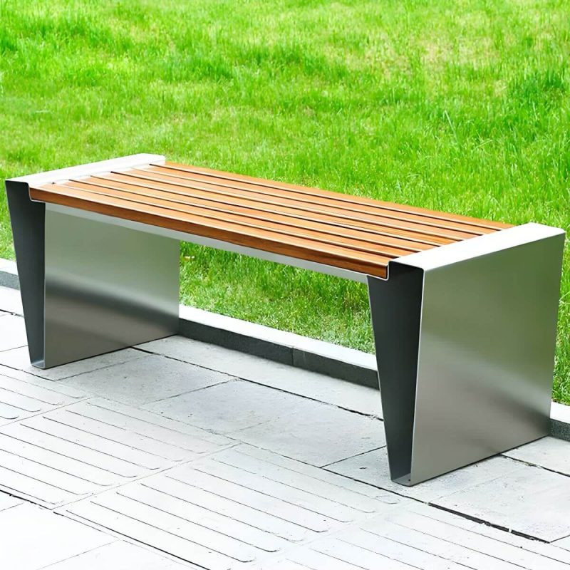 "Modern Garden Bench with Stainless Steel Frame and Waterproof Wood Seating - 55"L x 16"W x 17"H"