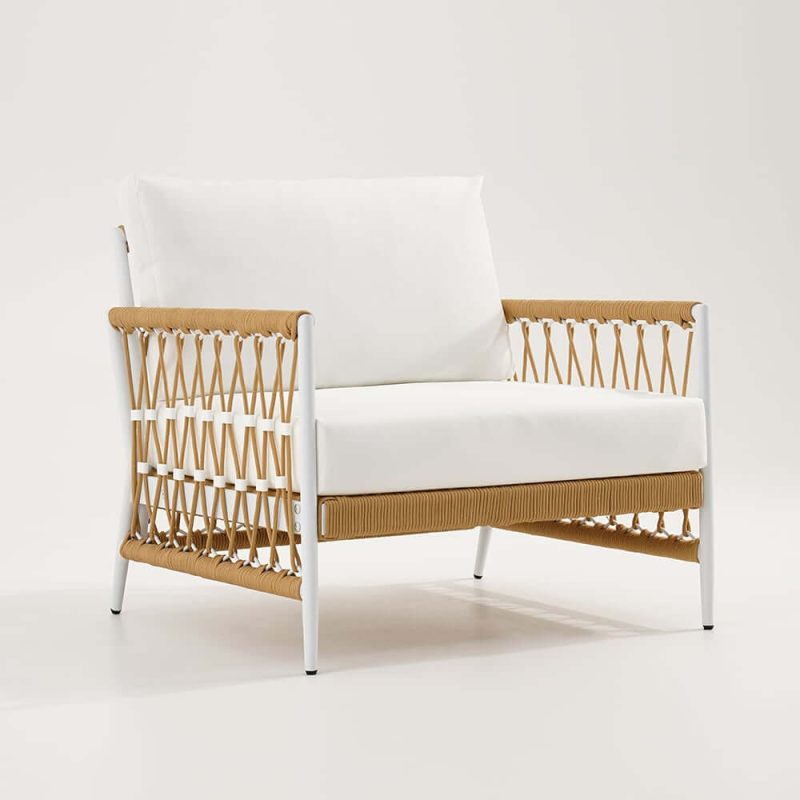 "Ropipe Outdoor Armchair with Hand Woven Rope & White Polyester Cushion"