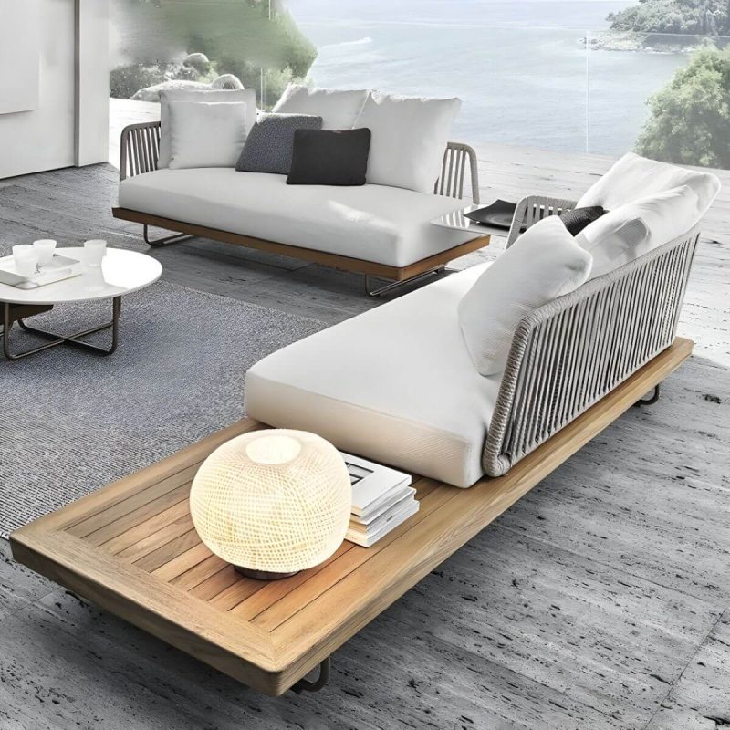 "Contemporary Water Resistant Solid Wood Patio Sofa with Cushions - Chaise Lounge"