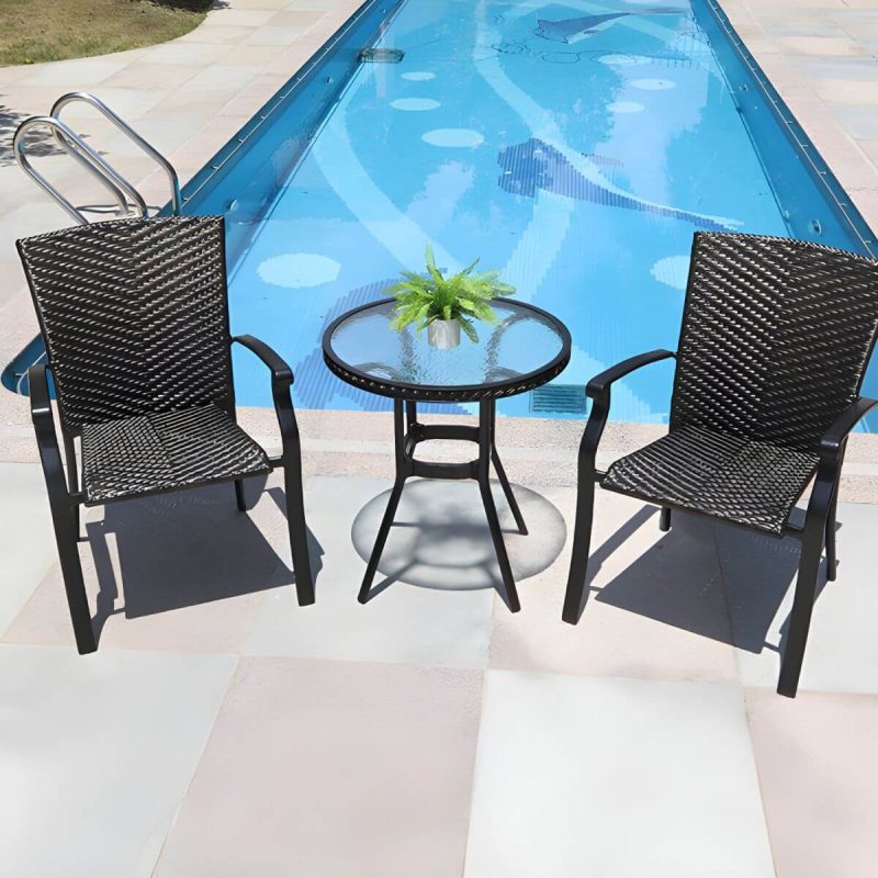 "Contemporary Glass Dining Table Set with Black Woven Chairs for Courtyard - Table & Chair(s) 59"L x 35"W x 28"H 6 Clear"