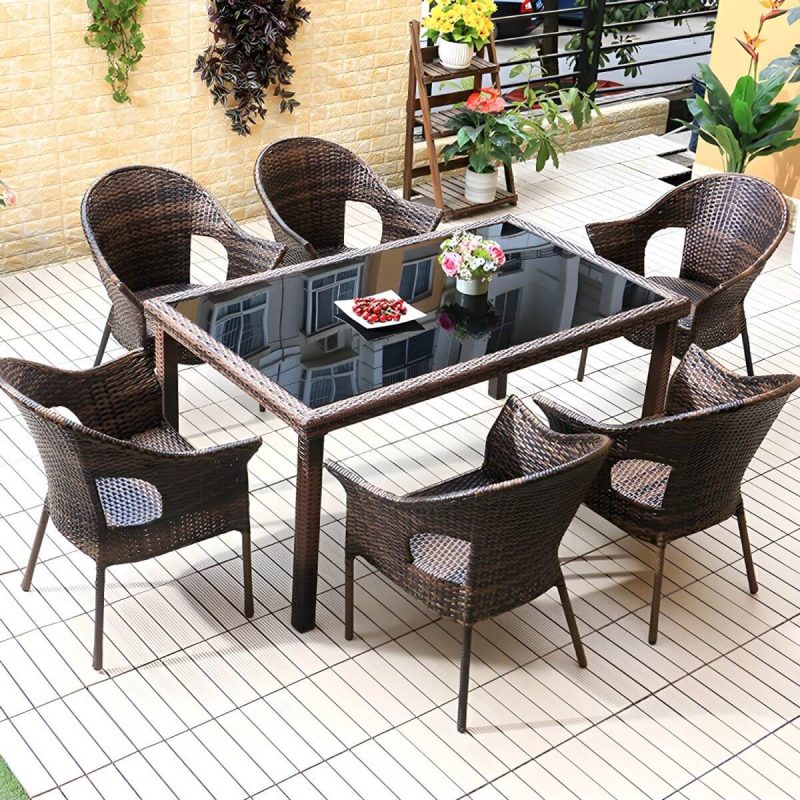 "Stackable Traditional Metal Arm Chair with Brown Wicker Back and Rust Resistant Aluminum Frame - 4 Piece Set"