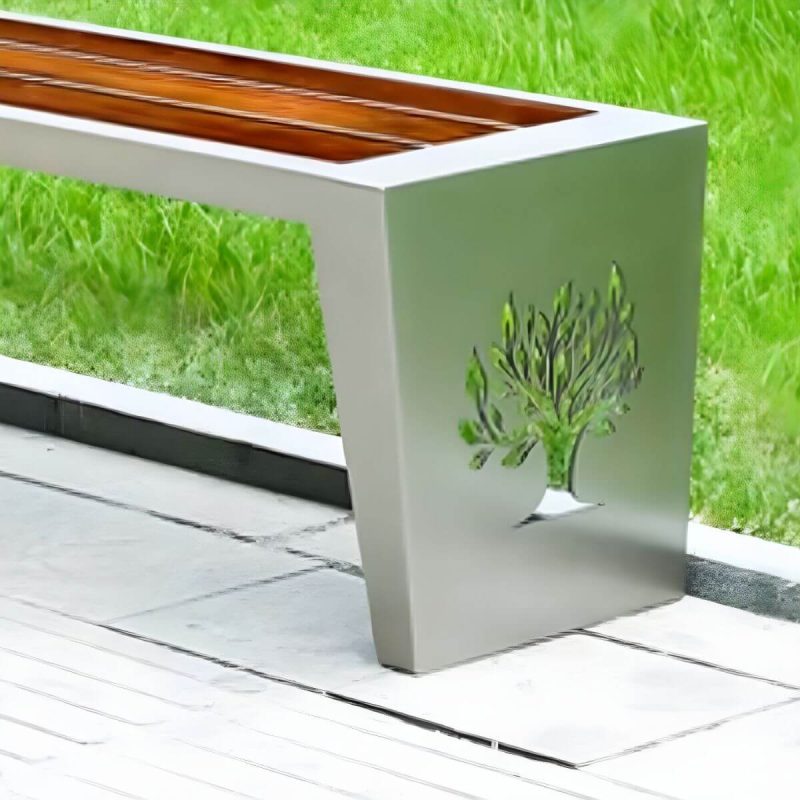 "Modern Garden Bench with Stainless Steel Frame and Waterproof Wood Seating - 59"L x 17"W x 18"H"