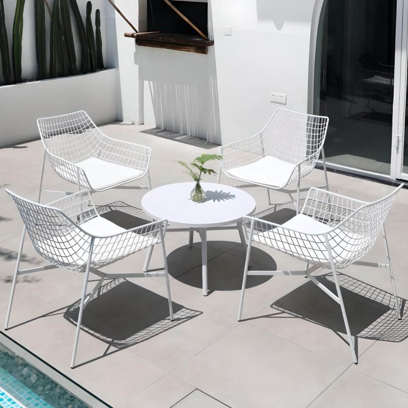 "Industrial Style Courtyard Sofa Set Metal with Round Coffee Table - 5-Piece Set(4 Chairs & 1 Coffee Table) White"