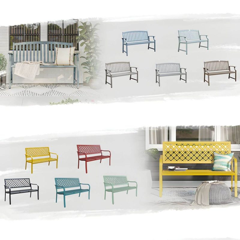 "Modern Metal Park Bench with Waterproof Durability, Water Resistant and Curved Arms - Black"