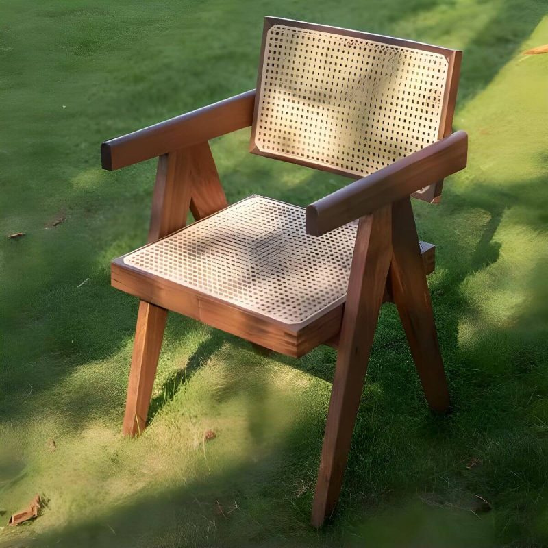 "Vine Woven Modern Courtyard Dining Chairs solid Wood Frame for Outdoor - Walnut With Arms"