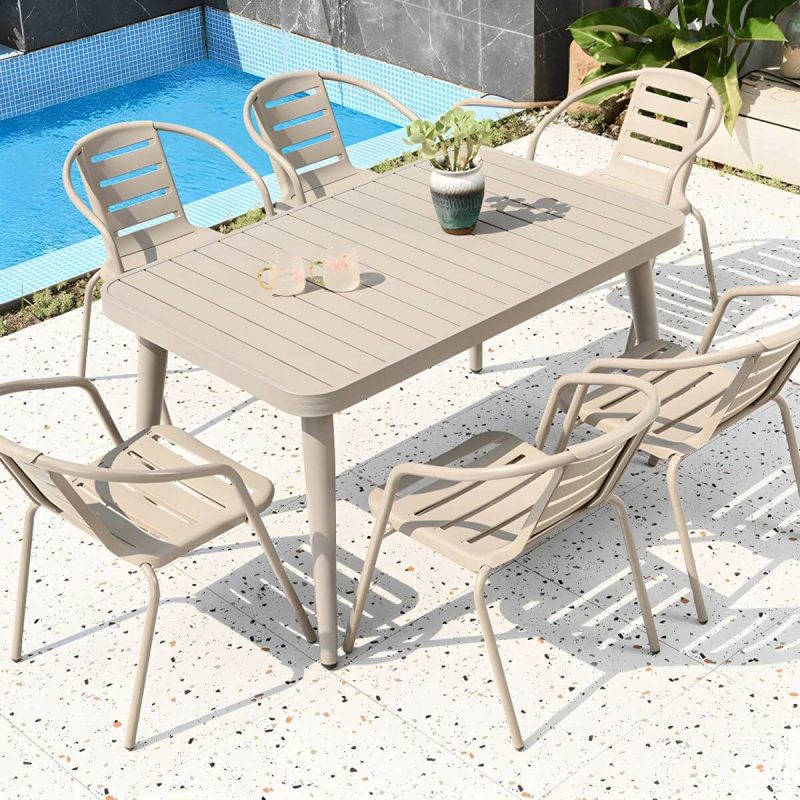 "Modern Rust Resistant Brown Metal Stackable Arm Chair for Outdoor Dining - 6 Piece Set"