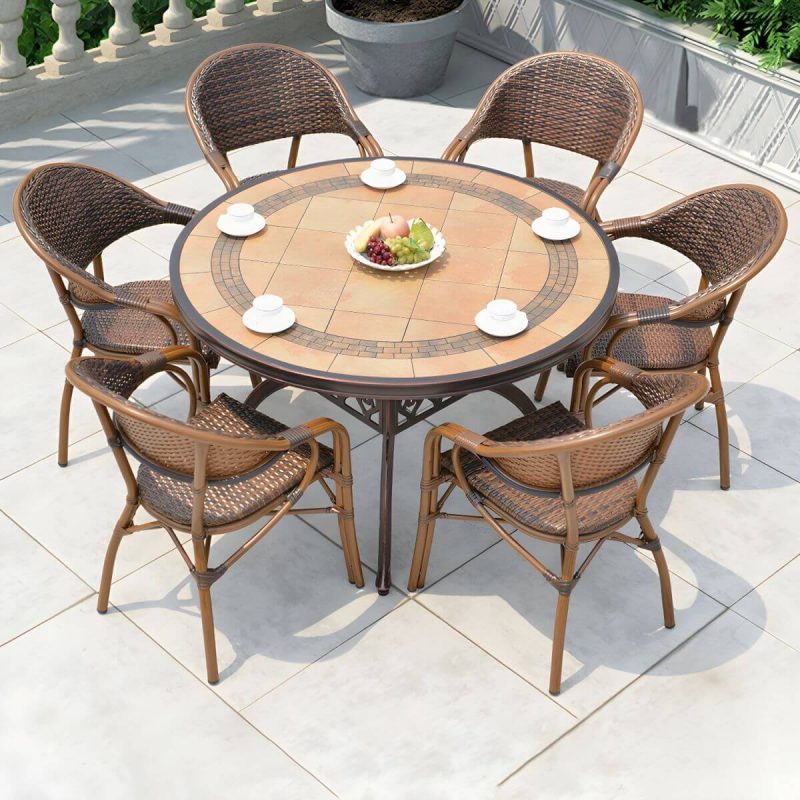 "Traditional Brown Metal Patio Dining Set with Rectangular Table - Table & 6 Chairs 47.2"L x 47.2"W x 28.3"H"