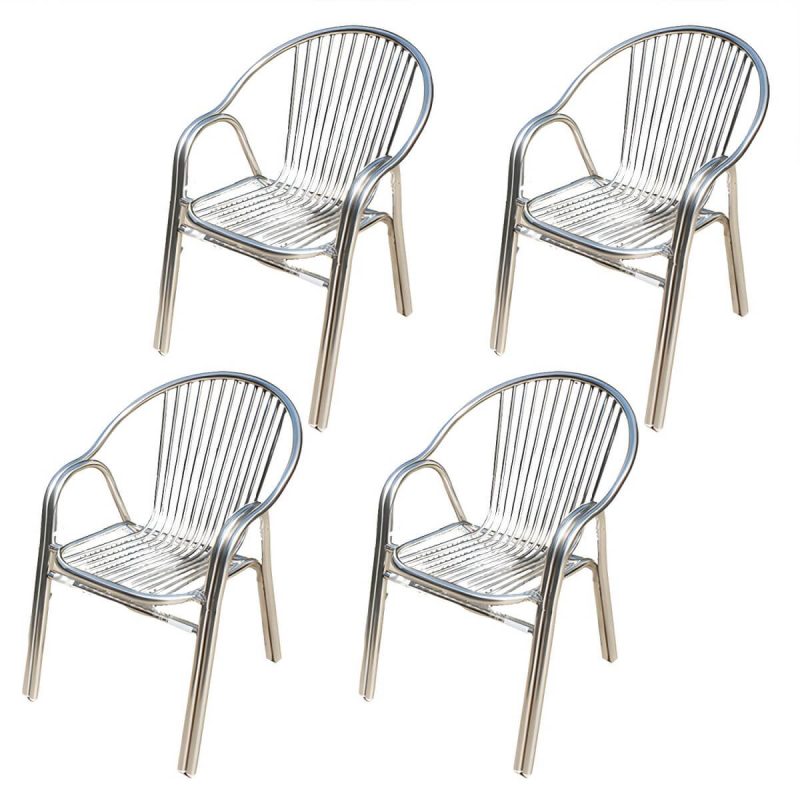 "Silver Modern Armchair Metal Stacking Dining Chairs with Arm - Silver 4 Piece Set"