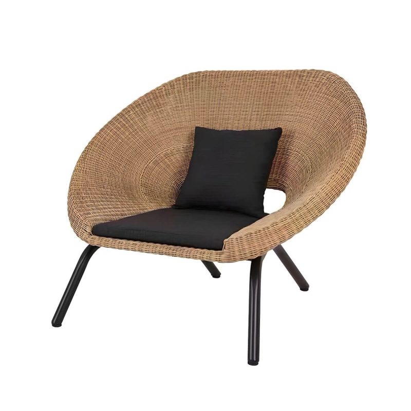 "Waterproof Wicker/Rattan Modern Sofa with Upholstered Black Cushions and Pillows - 1-Seater Sofa"