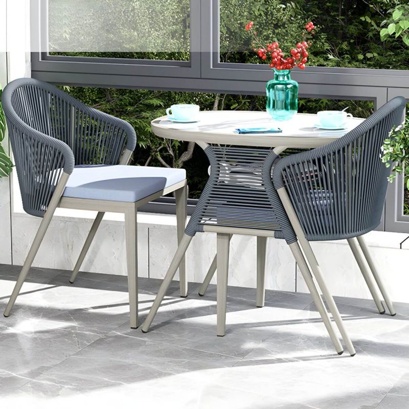 "Contemporary Dining Table Set with Oval Top and 2 Woven Chairs for Courtyard - Table & Chair(s) 2 Grey"