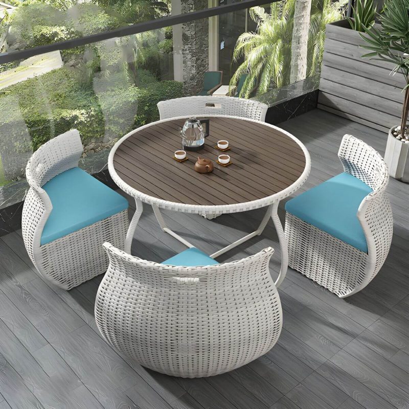 "Contemporary Glass Top White Dining Room Table Set with Wicker Dining Chairs - Table & Chair(s) 4 Glass"