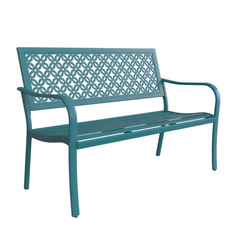 "Modern Metal Park Bench with Waterproof Durability, Water Resistant and Curved Arms - Aqua"