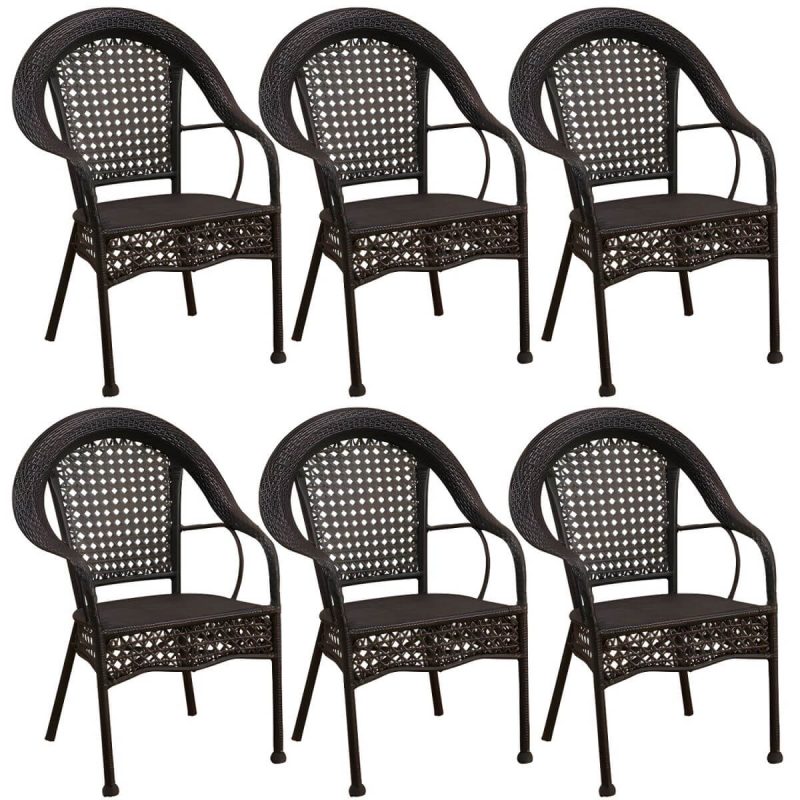 "Modern Metal Frame Stacking Dining Chair with Arm Water Resistant - Black 6 Piece Set"