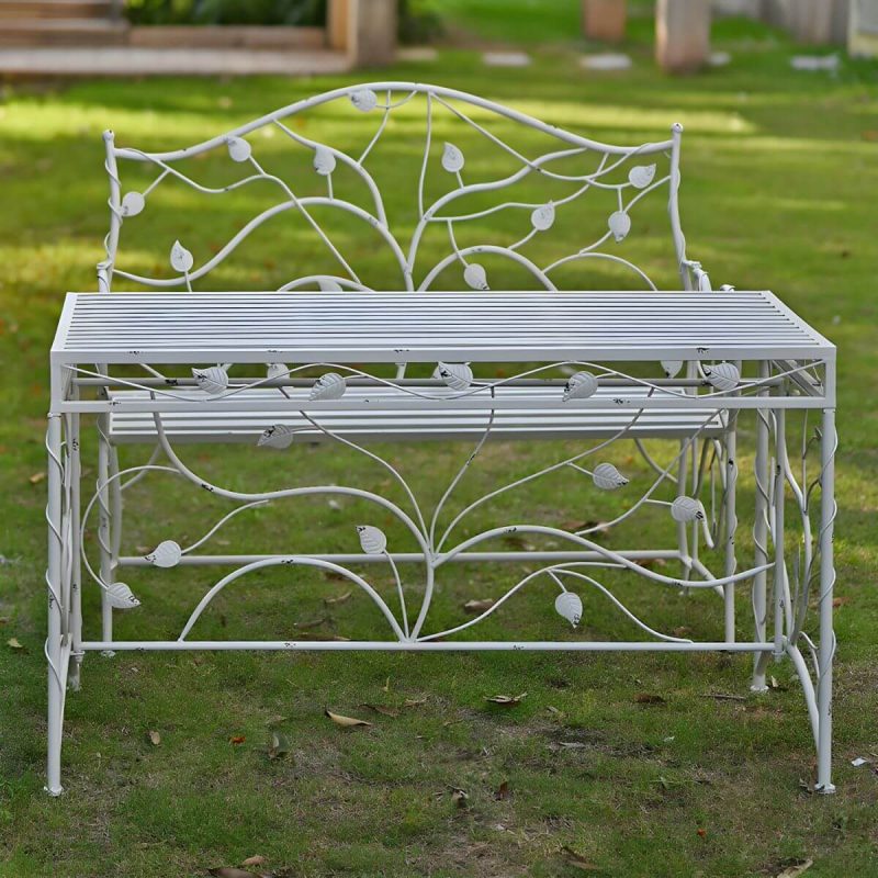 "White Bohemian Style Park Benches Metal distressed Antirust for Outdoor - White"