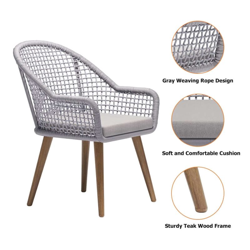 "7 Pieces Teak Round Outdoor Concrete Dining Set with Gray Table Woven Armchair 6-Person"