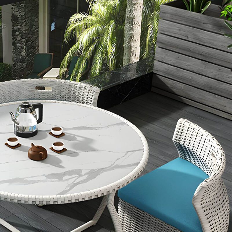 "Contemporary Glass Top White Dining Room Table Set with Wicker Dining Chairs - Table & Chair(s) 4 Stone"