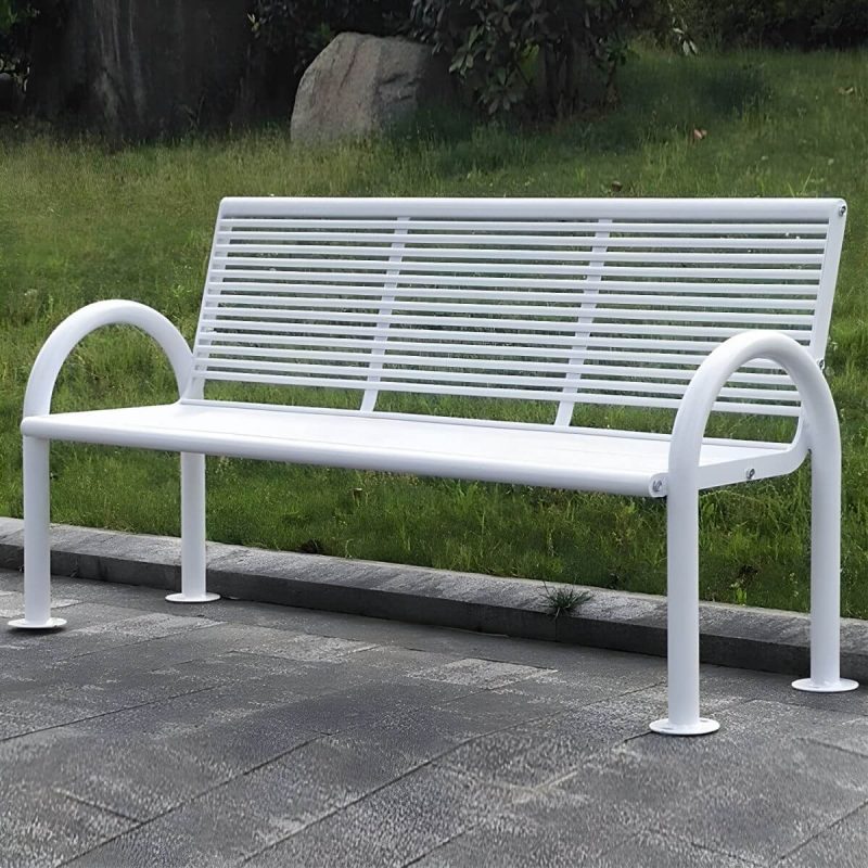"Industrial Metal Park Bench with Waterproof Durability, Arms, and Back - White"