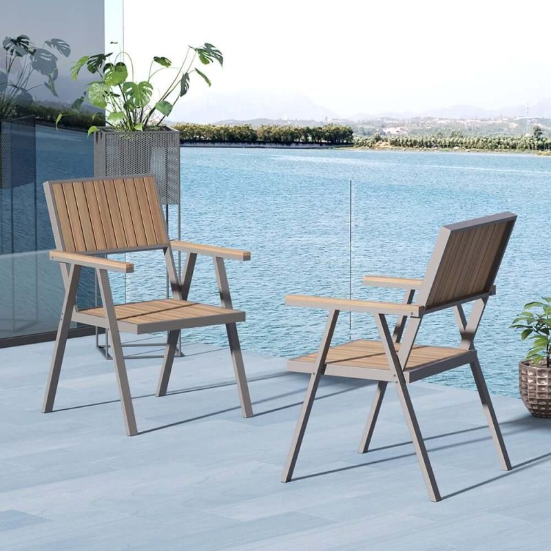 "Modern Aluminum & Wood Outdoor Dining Chair Patio Armchair in Natural & Gray (Set of 2)"