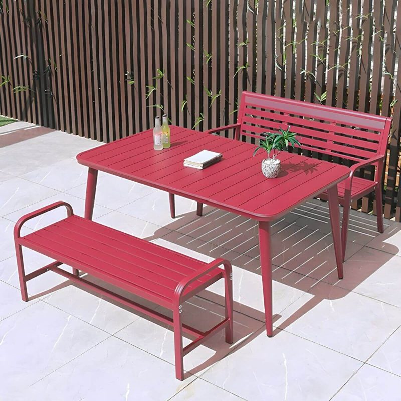 "Sleek Metal Outdoor Dining Set Rectangular Table with 2 Stylish Benches - Table & 2 Benches 59"L x 35"W x 29"H Red"