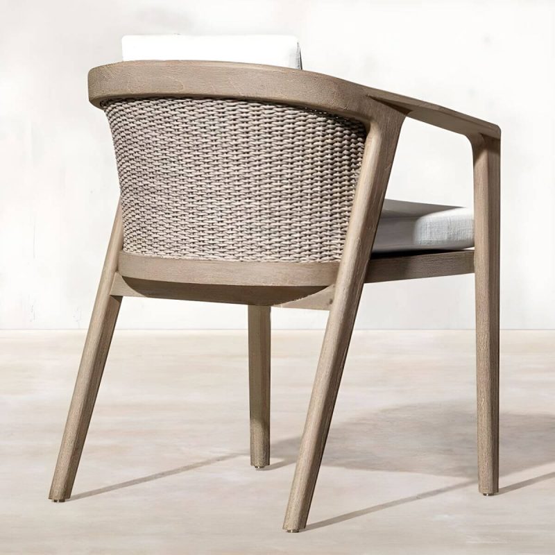 "Modern Wooden Arm Chair with Brown Frame and White Cushions for outdoor dining in the patio - Armless Teak 26"L x 25"W x 41"H"