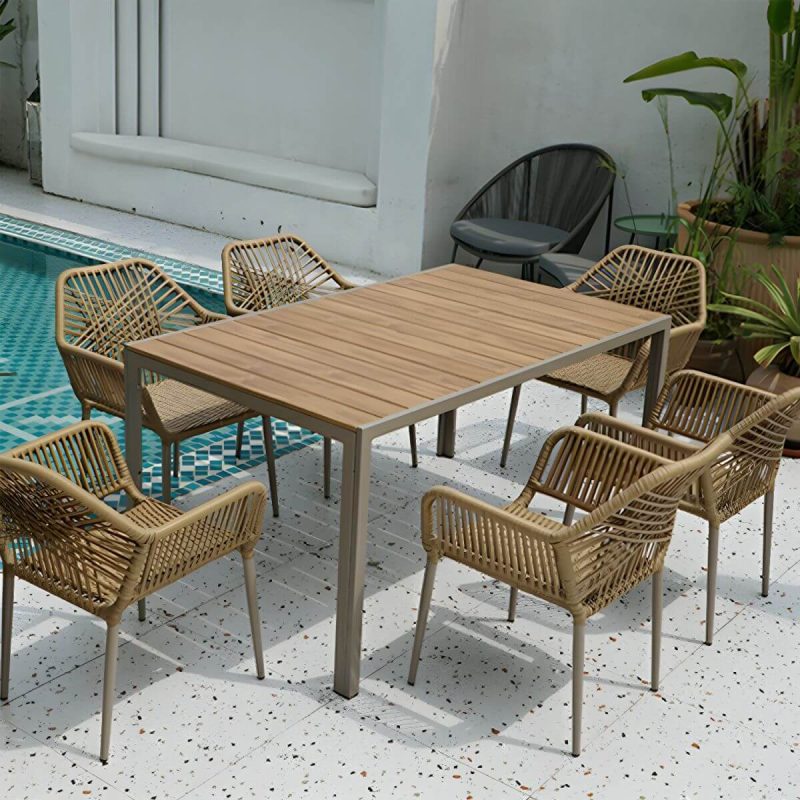 "Modern Metal Arm Chair with Beige Plastic Back and Stackable Design for Patio Dining - 8 Piece Set Brown"