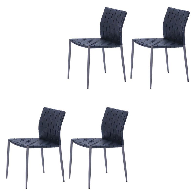 "Tropical Dining Side Chair Metal and Faux Leather Indoor-Outdoor Chair - Black 4 Piece Set"