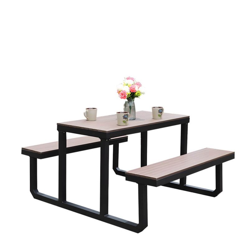 "Contemporary Brown Rectangle Picnic Table UV Resistant Picnic Table - Table with Umbrella 59"L x 24"W x 27.5"H Umbrella Hole Included Aluminum Table Only"