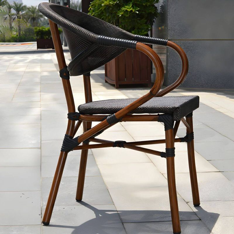"Modern Brown Wicker/Rattan Patio Dining Set with Stackable Chairs, Metal Table Base - Table & Chair(s) 28"L x 28"W x 29"H 2"