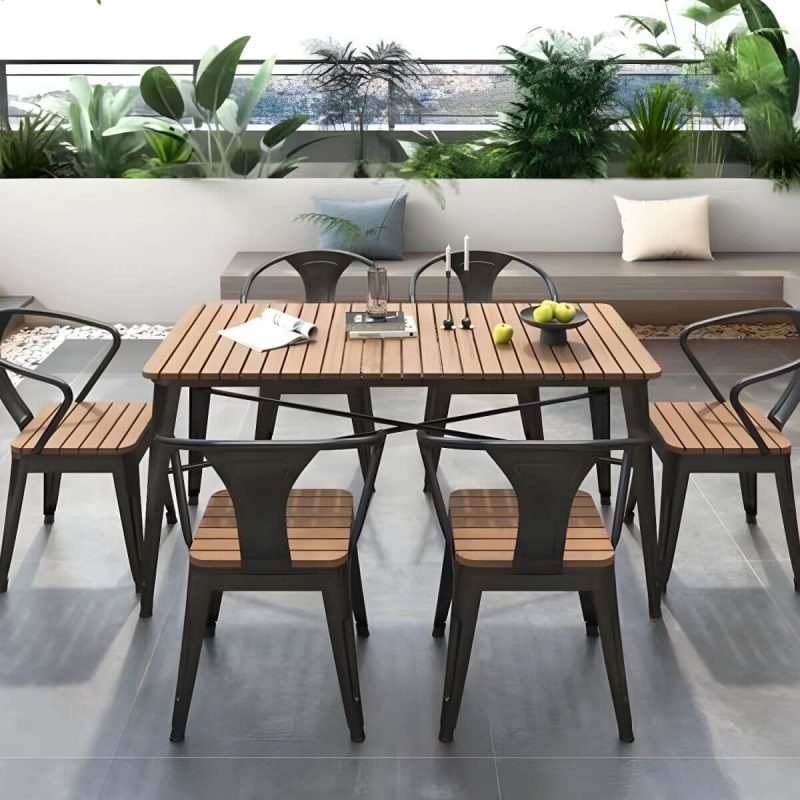 "Industrial Brown Wood Patio Dining Table without Umbrella Hole and UV Resistant Finish - 47.2"L x 23.6"W x 29.5"H White Table Only"