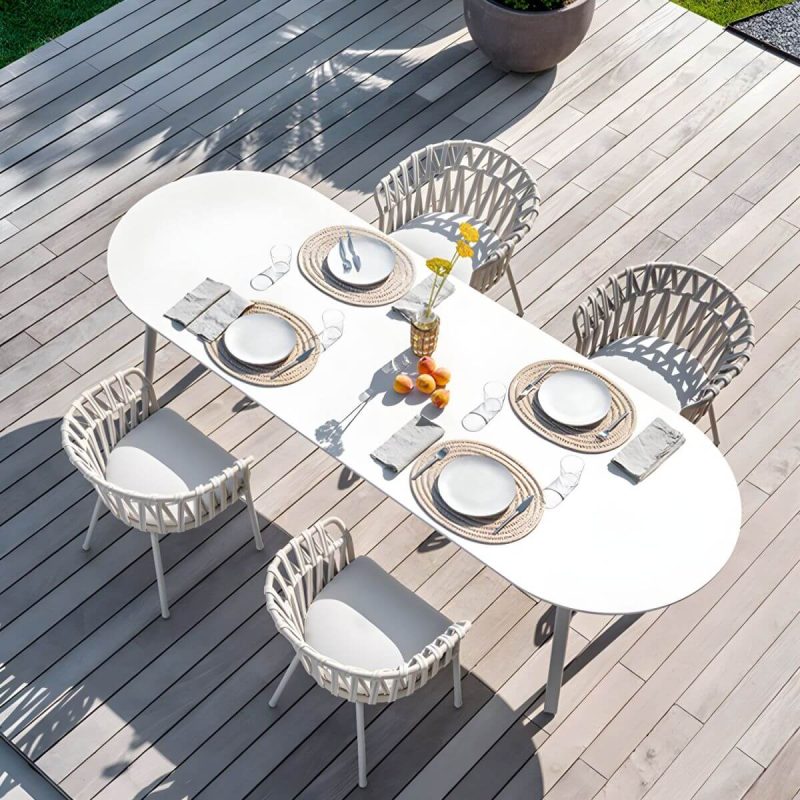 "Contemporary Style Stone Patio Table Oval Shape with Metal Legs in Grey/White - Table Only 86.6"L x 39.4"W x 29.5"H White"