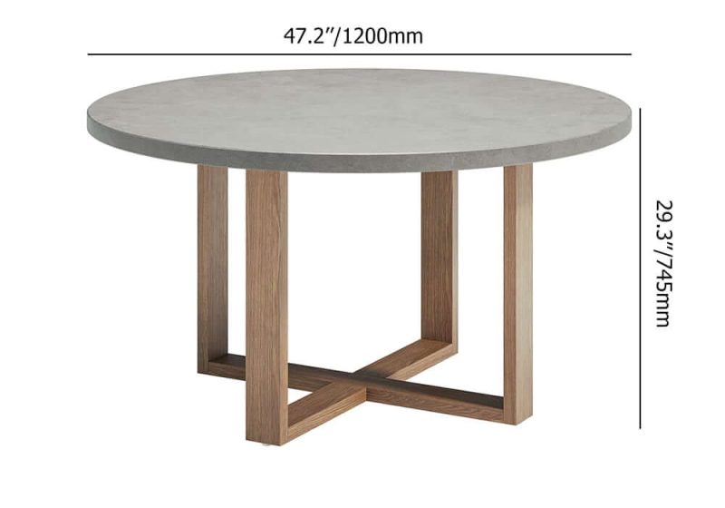 "Dimension of 7 Pieces Teak Round Outdoor Concrete Dining Set with Gray Table Woven Armchair 6-Person"