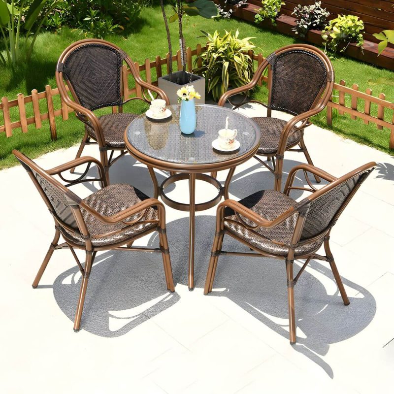 "Contemporary Dining Table Set with Brown Woven Chair for Courtyard - Table & Chair(s) 27.6"L x 27.6"W x 28.7"H 4"