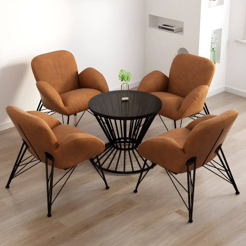"Contemporary Outdoor Dining Table Furniture Set with Black Round Top for Courtyard - Table & Chair(s) 4 Yellow"