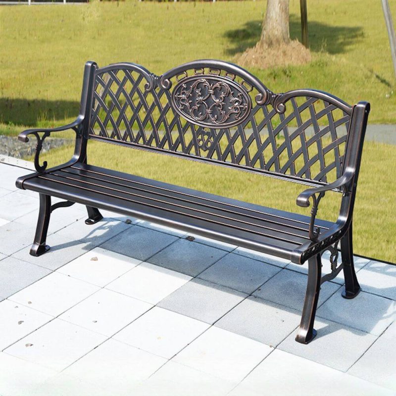 "Classic Auburn Alloy Outdoor Bench with Curved Arm and Back, Coffee, 59"L x 24"W x 34"H"