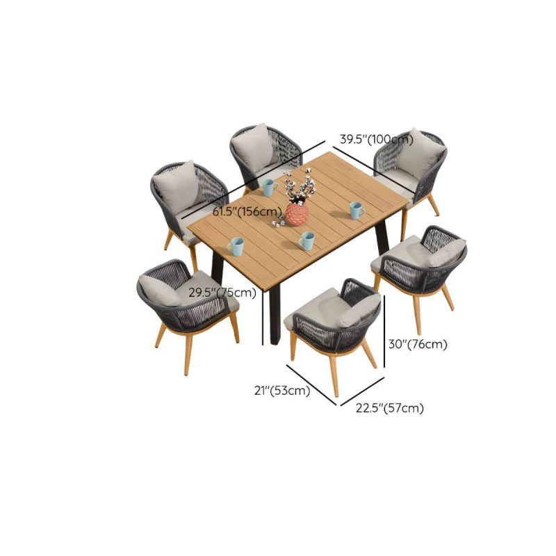 "Dimension of Modern Black Patio Dining Set: Metal Frame, Upholstered White Cushions, Leaf Not Included - Table & 6 Chairs 61"L x 39"W x 30"H"