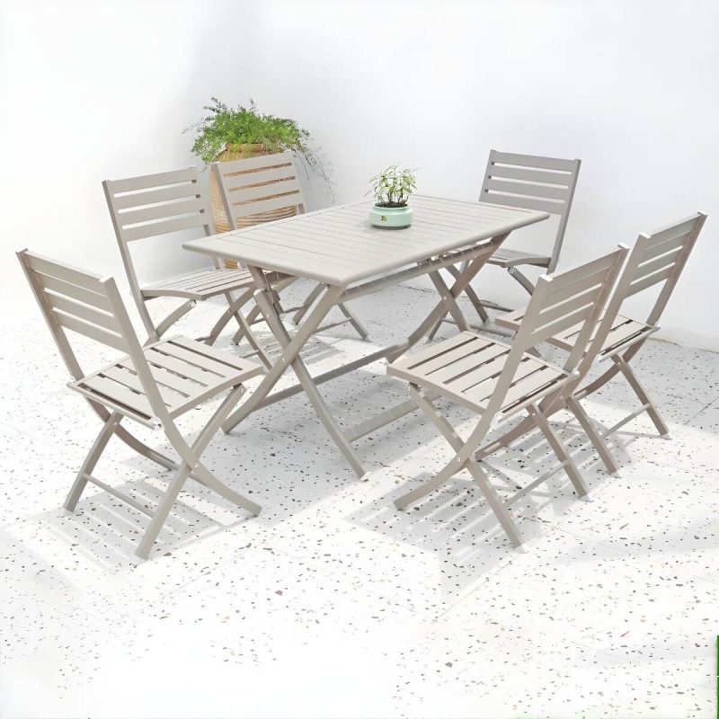 "Metal Modern Folding Patio Dining Set with Strap Back Chairs - Table & Chair(s) 47.2"L x 27.6"W x 28.5"H 6 Champagne"