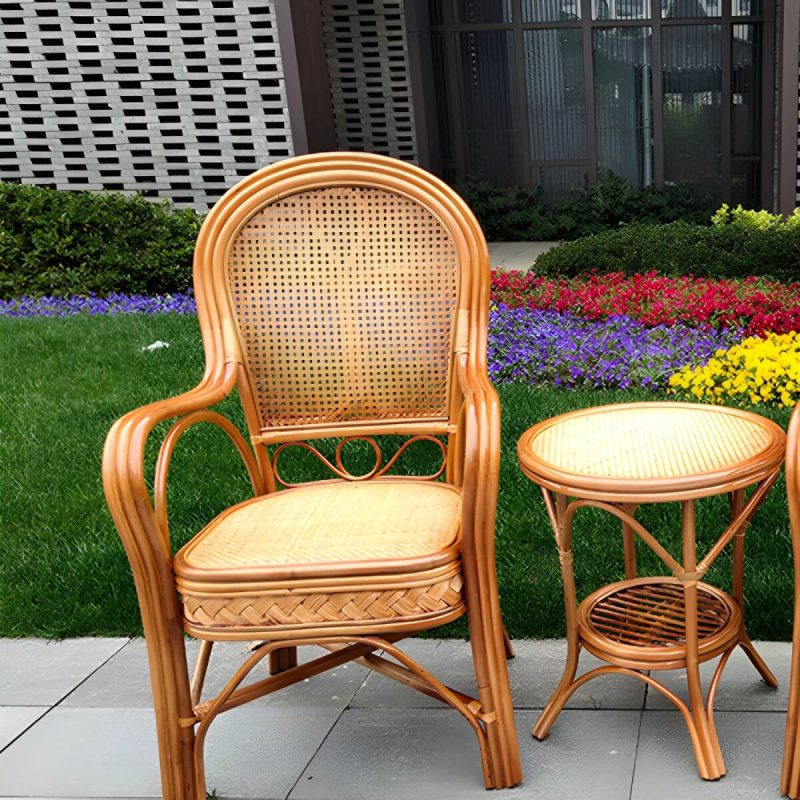 "Traditional Patio Dining Armchair in Rattan Single Outdoor Chair - Coffee Hollow 4 Piece Set"