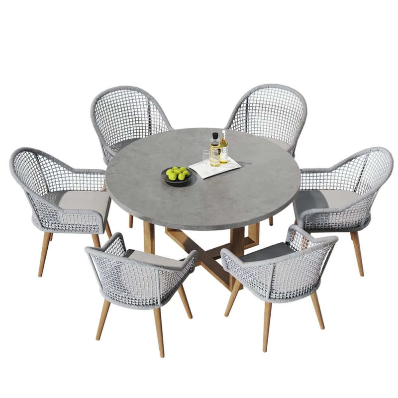 "7 Pieces Teak Round Outdoor Concrete Dining Set with Gray Table Woven Armchair 6-Person"
