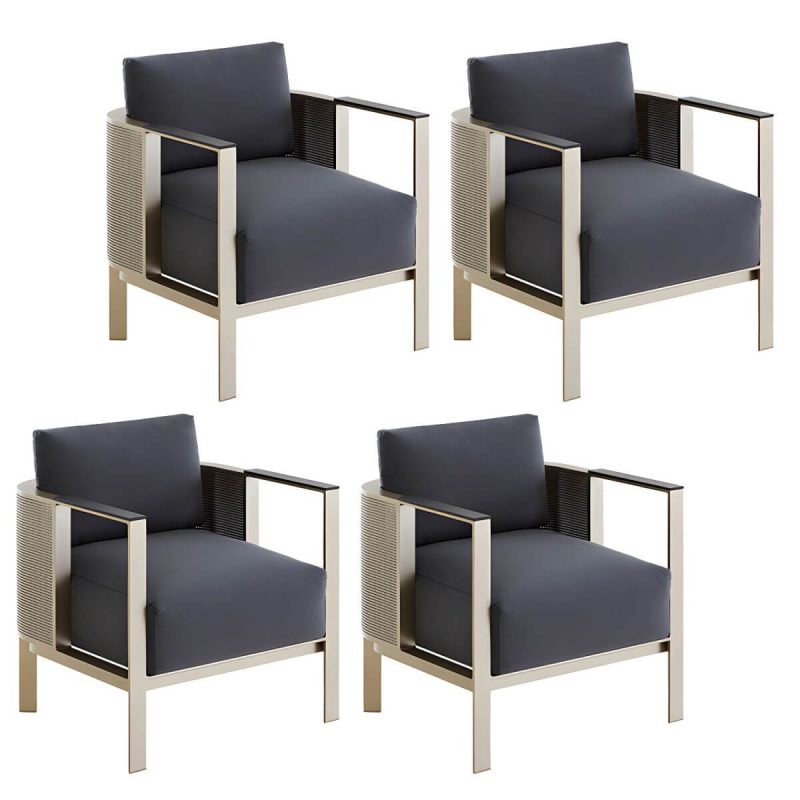 "Modern Gold Metal Arm Chair for Patio Dining with Rust Resistant Features and Brown Upholstery - Dark Gray 4 Piece Set"